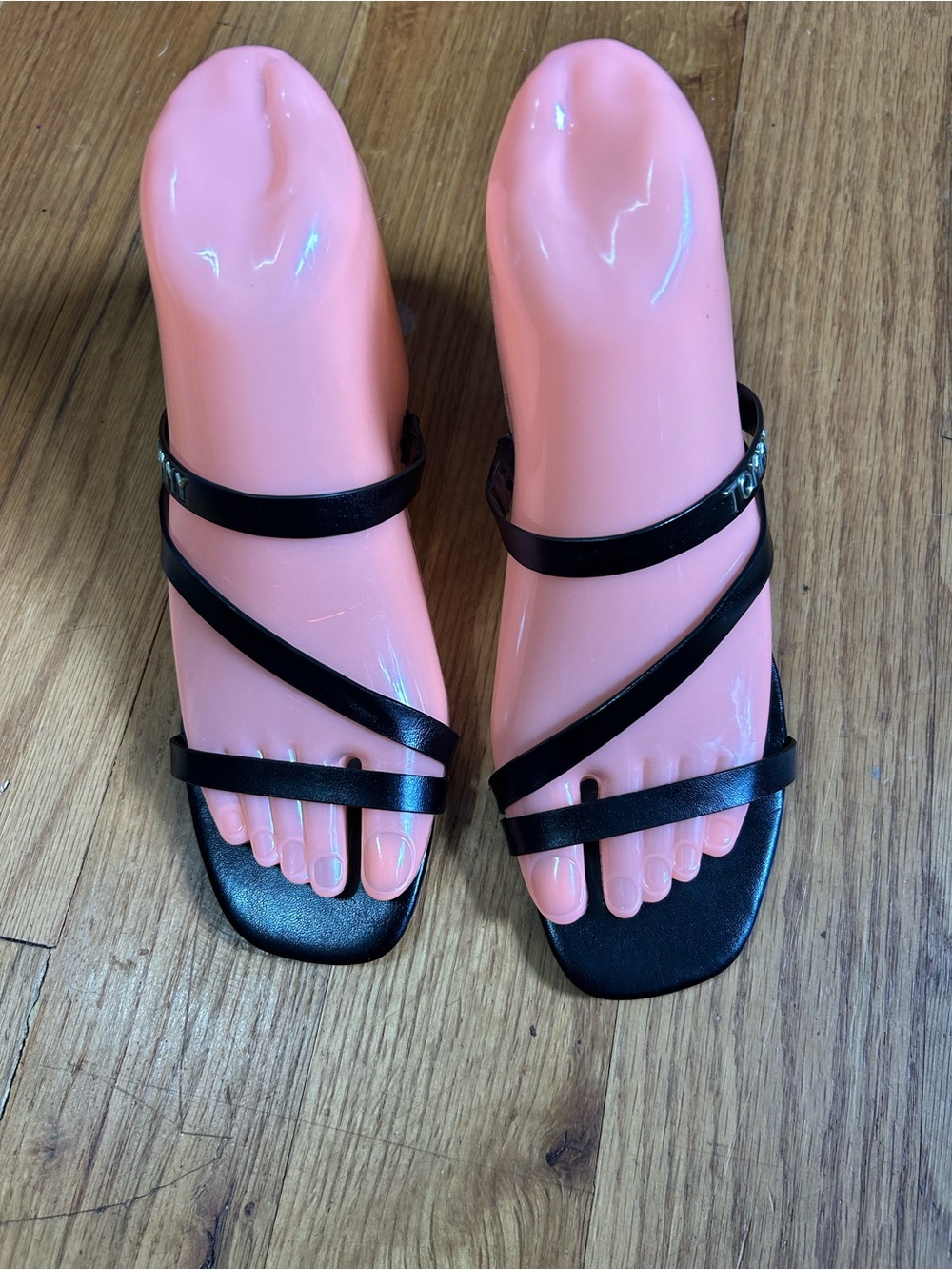 Tommy Hilfiger Women Strappy Sandal Block Heel Slip on Black Sz 6M Square Toe